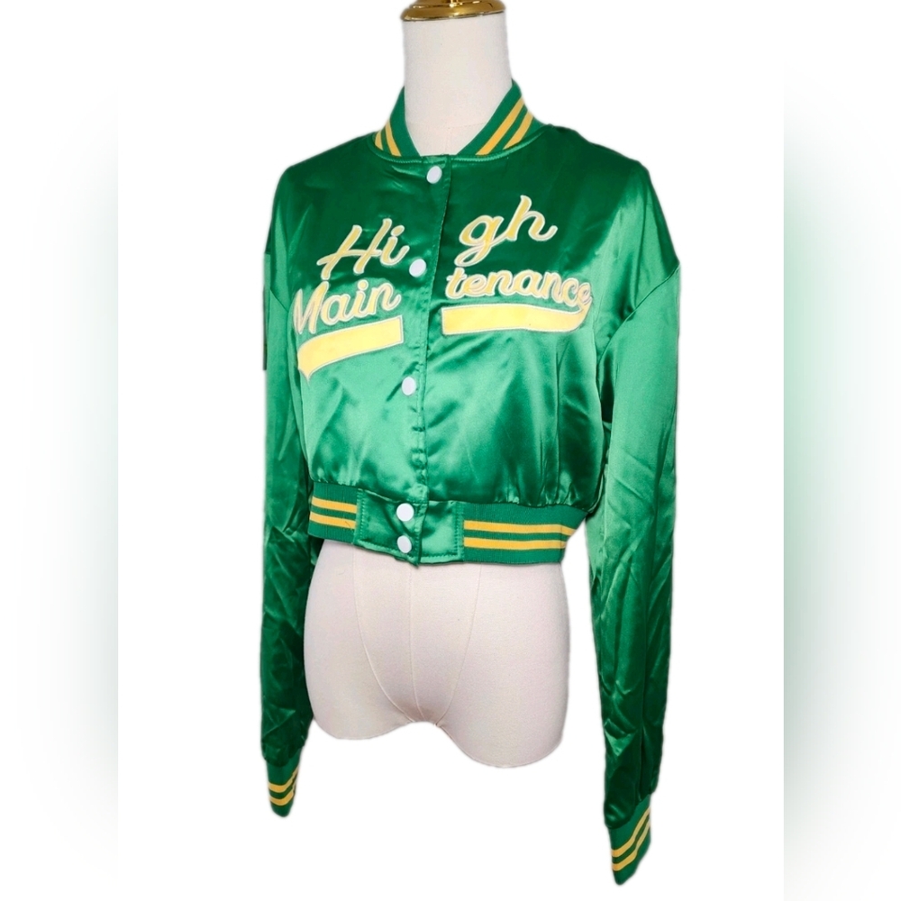 Women's Vintage Cropped Bomber Green Satin Varsity Jacket Size L